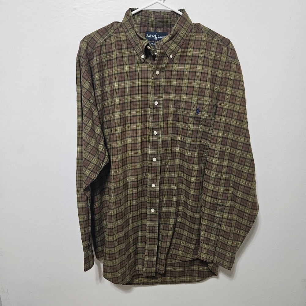 Ralph Lauren Mens Green Brown Plaid Classic Fit Long Sleeve Button Down Shirt L